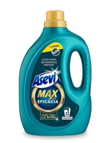 Detergente Asevi Max Eficacia 32 lavados extra poder quitamanchas.
