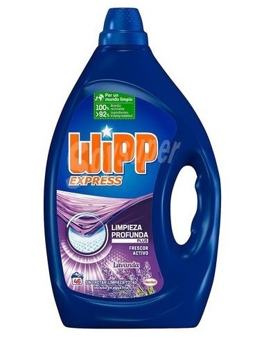 Detergente gel Wipp Express Lavanda 46 dosis, contiene 2,300 litros.
