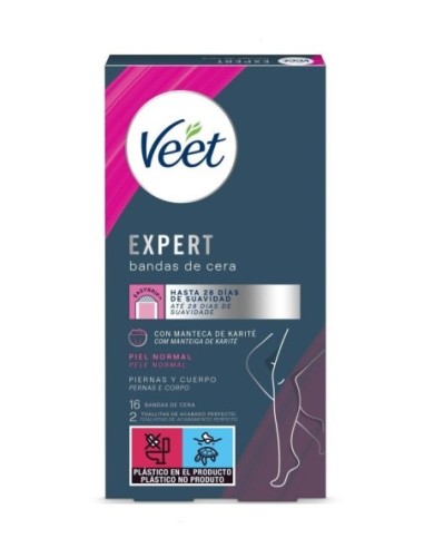 Bandas de cera depilatora Veet expert piel normal 16 unidades.