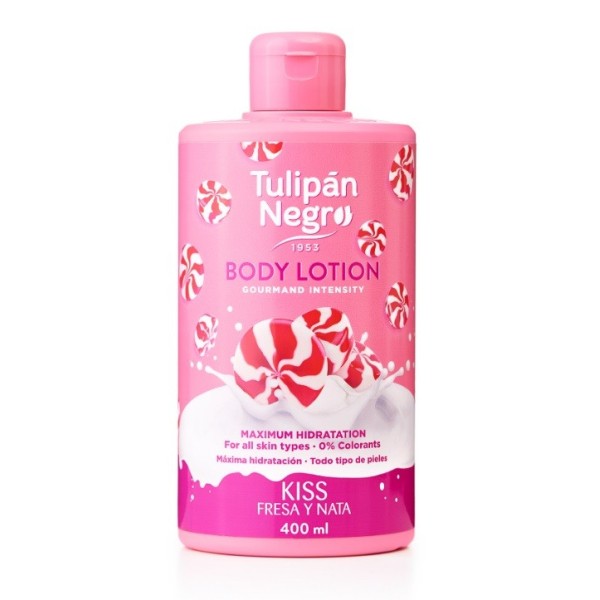 Tulipán Negro crema corporal fresa y nata, contiene 400ml.
