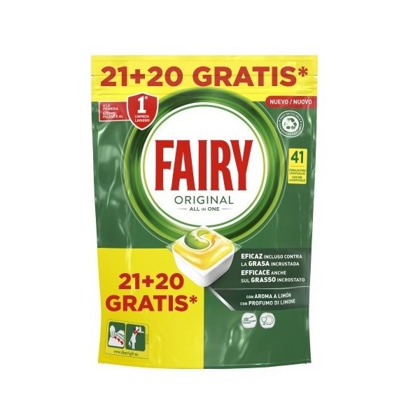 Detergente vajillas Fairy original todo en uno contiene 21+20 cápsulas.