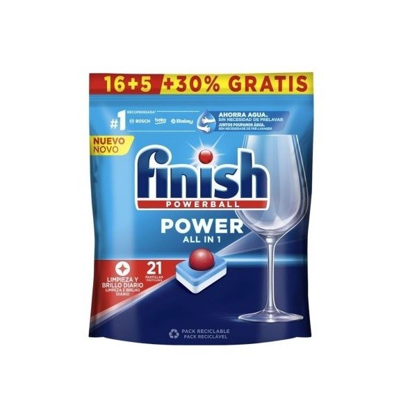 Detergente Finish Powerball todo en 1, contiene 21 pastillas.