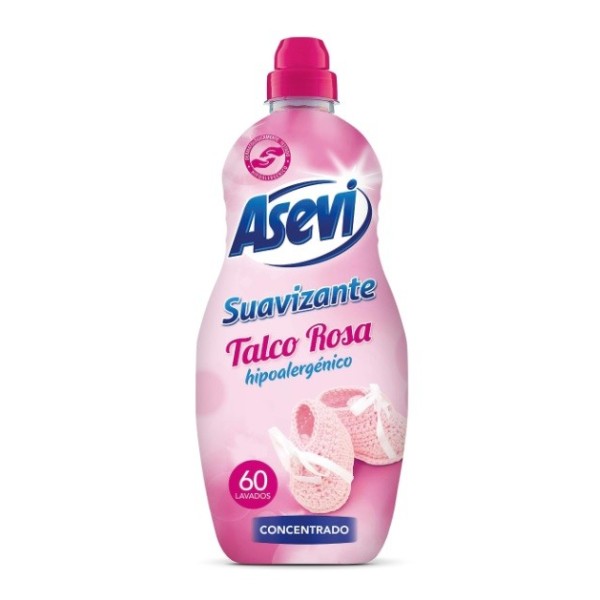 Suavizante Asevi Talco Rosa, contiene 60 lavados concentrado.
