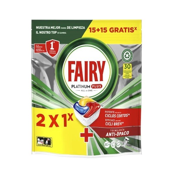 Detergente Vajillas Fairy Platinum Plus 15+15 cápsulas.