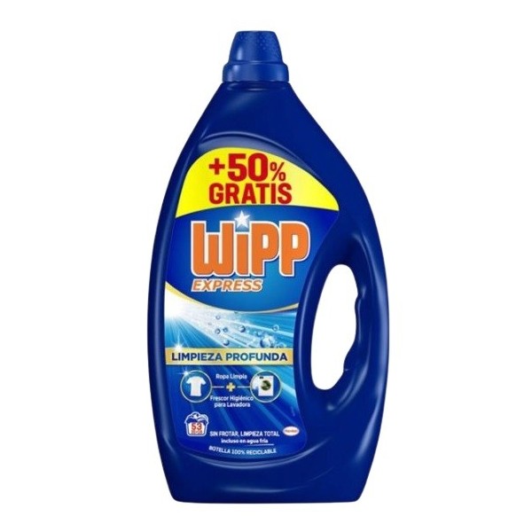 Detergente gel Wipp Express 53 dosis, contiene 2,385 litros.