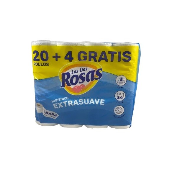 Papel Higienico Los Dos Rosas 24 rollos doble capa 100% celulosa.