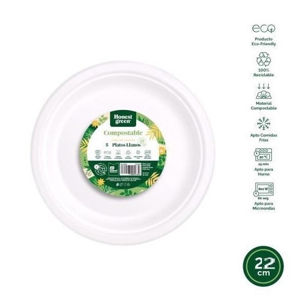 Plato llano redondo ecologico 22 cm 5 unidades