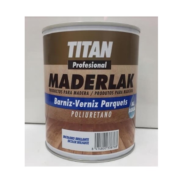 Barniz parquets incoloro brillante 1 litro Titan Profesional al agua.