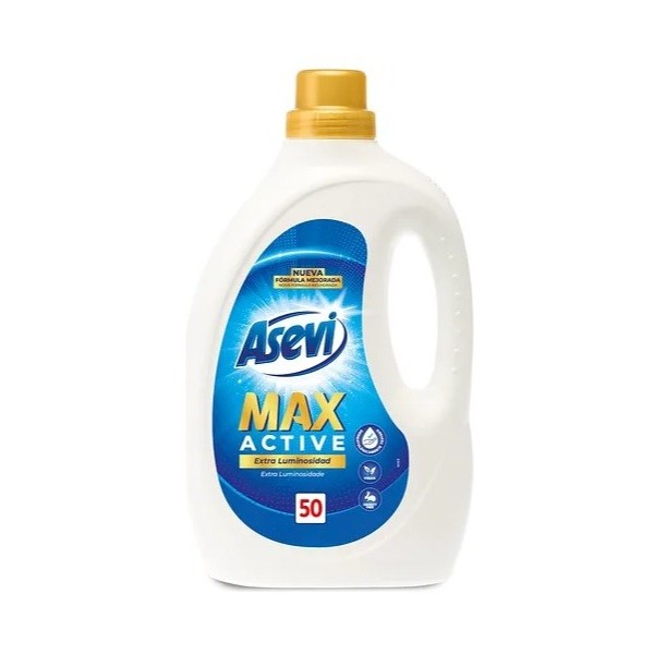 Detergente Asevi Max Active 50 lavados extra poder luminosidad.