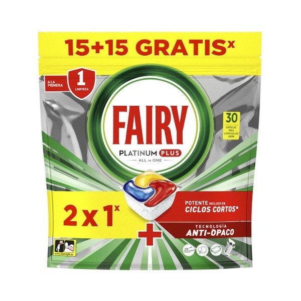 Detergente Vajillas Fairy Platinum Plus 15+15 cápsulas.