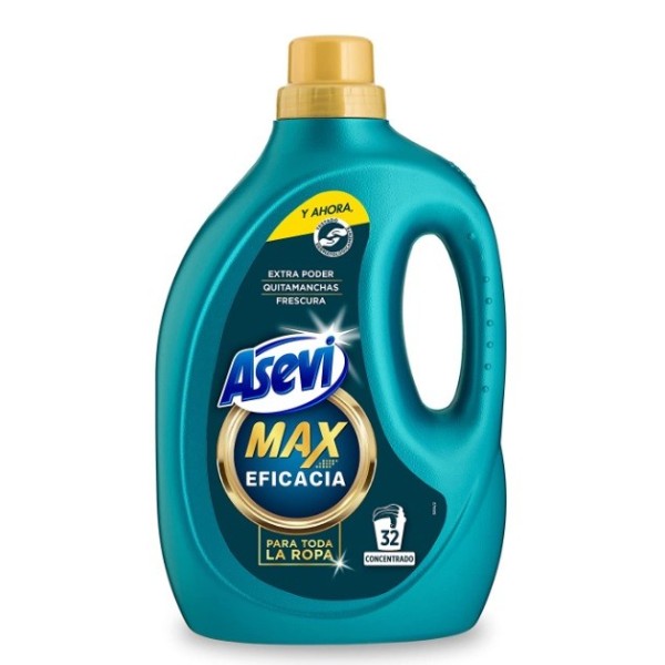 Detergente Asevi Max Eficacia 32 lavados extra poder quitamanchas.